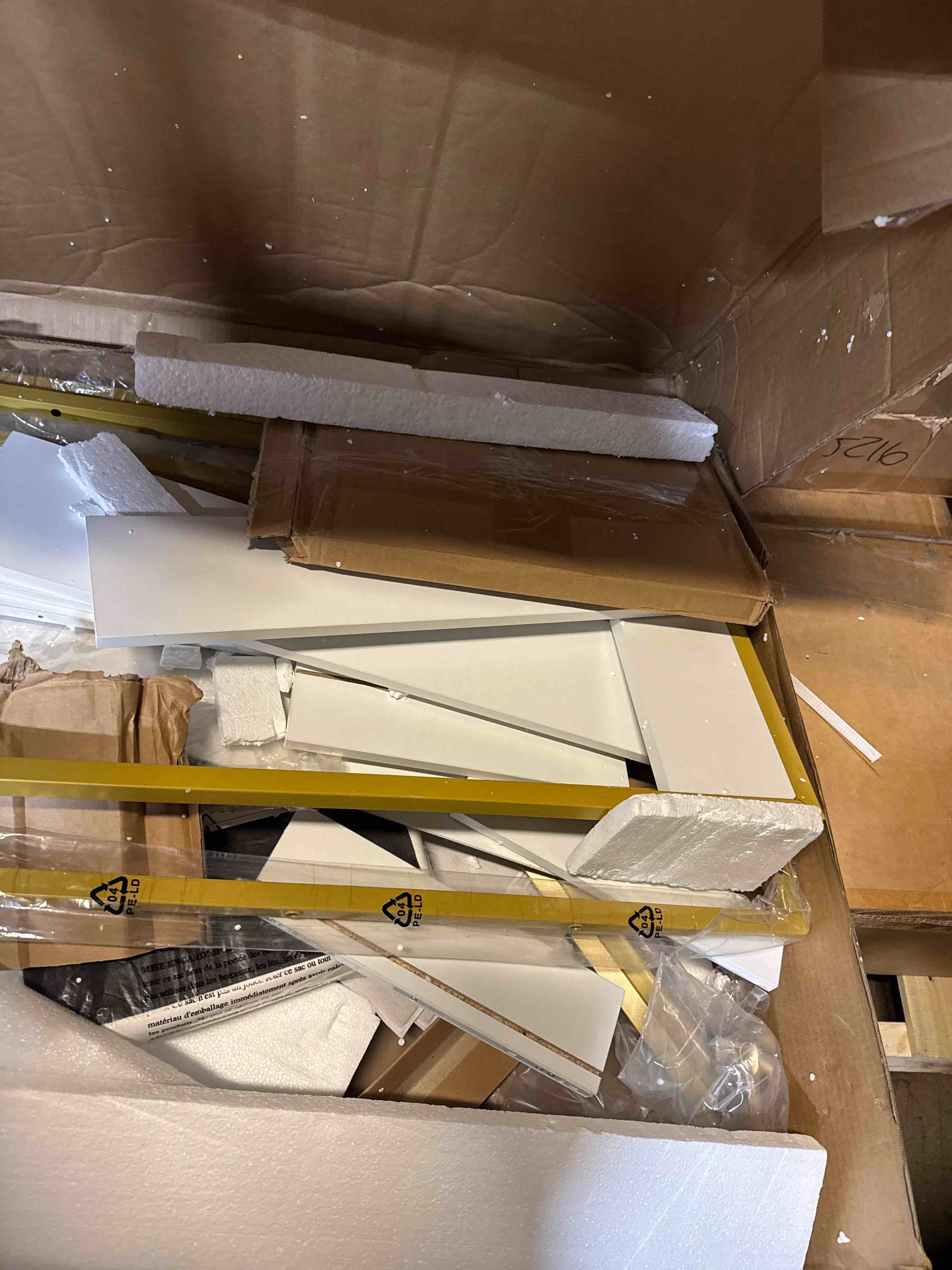 Condition photo showing As Is for Greenstell Modern Vanity Desk with Mirror and Lights + Power Outlets 4- Drawers & Storage Shelves 