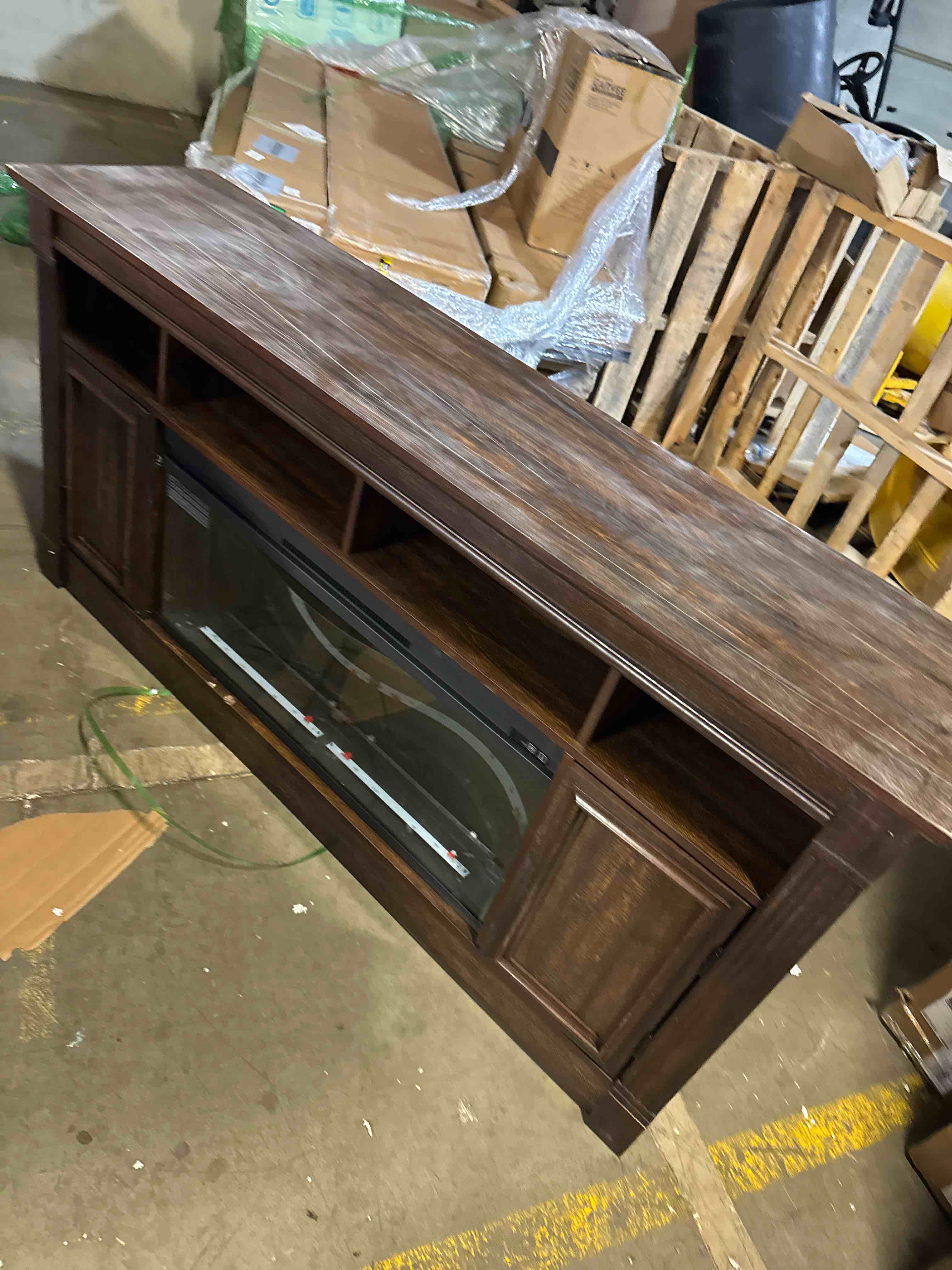 Condition photo showing Good Condition for GarveeLife 68" Fireplace TV Stand for TV Up to 75", Entertainment Center with 36'' Electric Fireplace, Remote Control 3D Realistic Flame, Console Table TV Cabinet with Storage Shelves, Brown