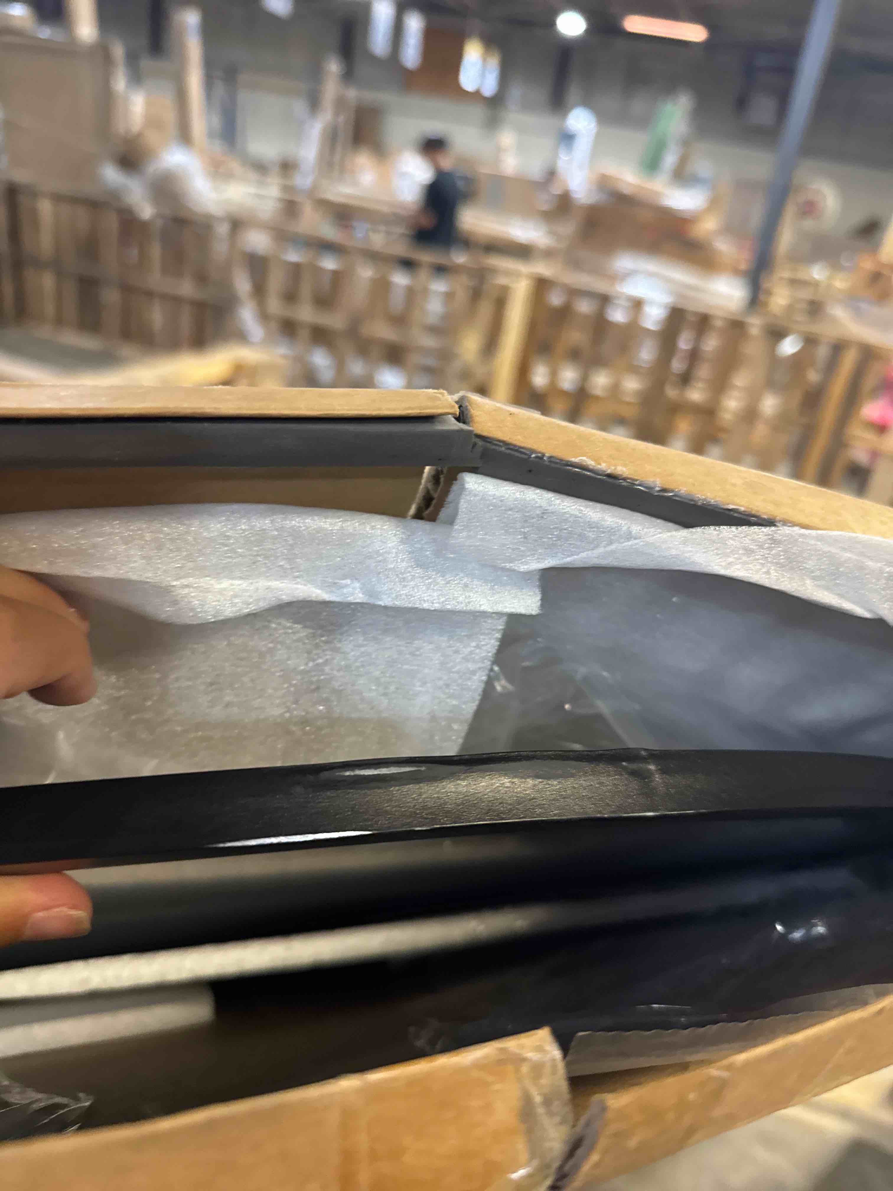 Condition photo showing Good Condition for 71" x 26" full length mirror, arched full body mirror, standing hanging or leaning floor mirror for bedroom and living room, black ( has some scratches on top of the frame)