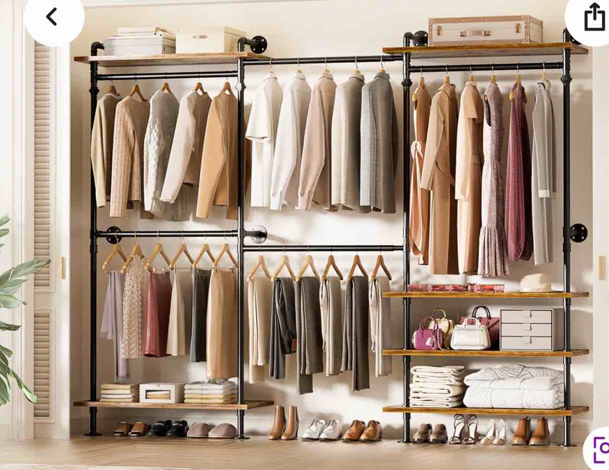 55.5" - 103.2" L Shaped /C Shaped Metal Pipe Clothing Rack, Garment Rack with 3 Wood Shelves 