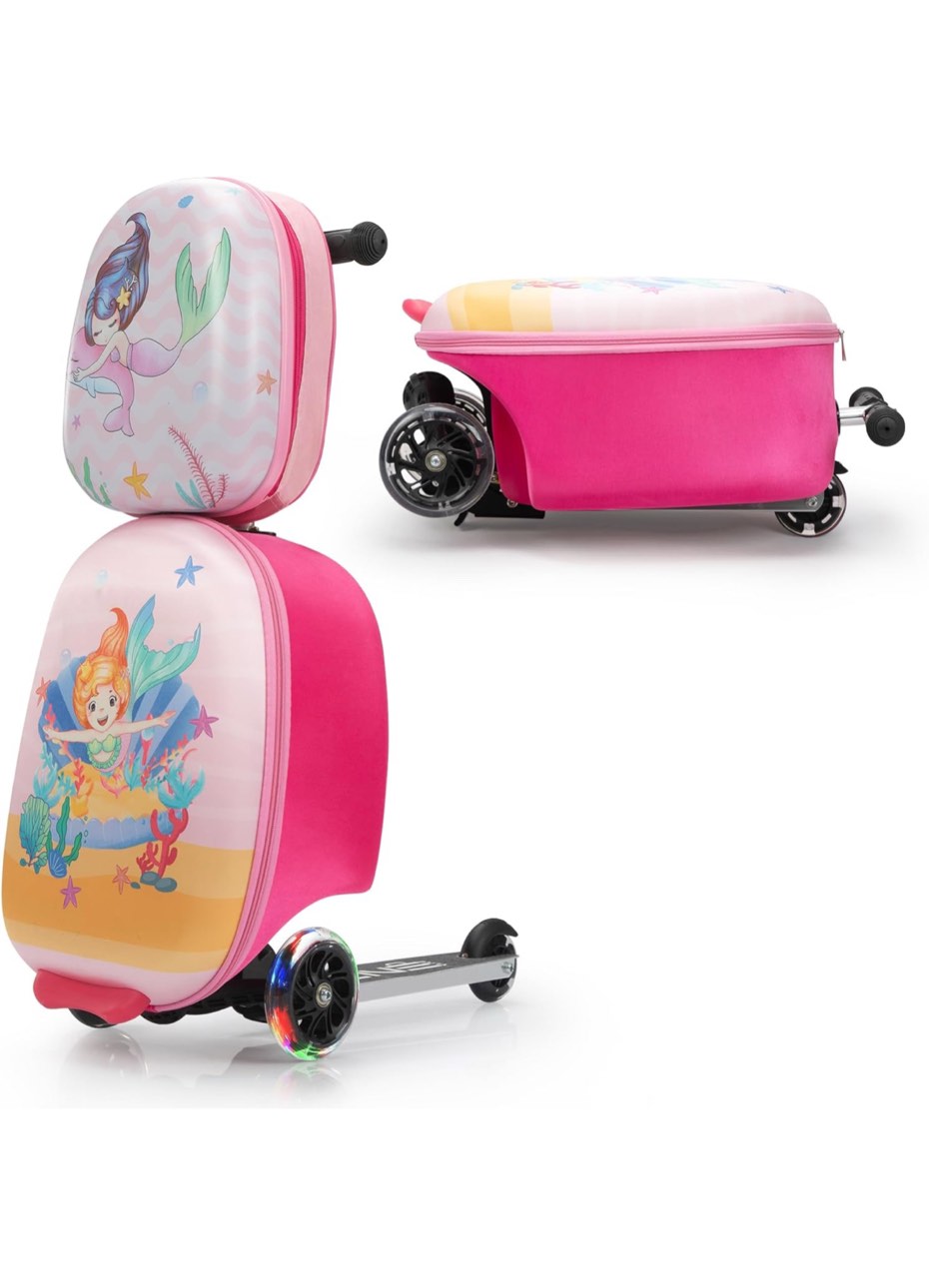 VLIVE Scooter Luggage w/Backpack 2-in-1 Set For Girls Ages 3-5, Durable EVA Kids Ride On Suitcase Multi-functional Lightweight Foldable Carry On Luggage With Wheels Ride On For Children?Unicorn?