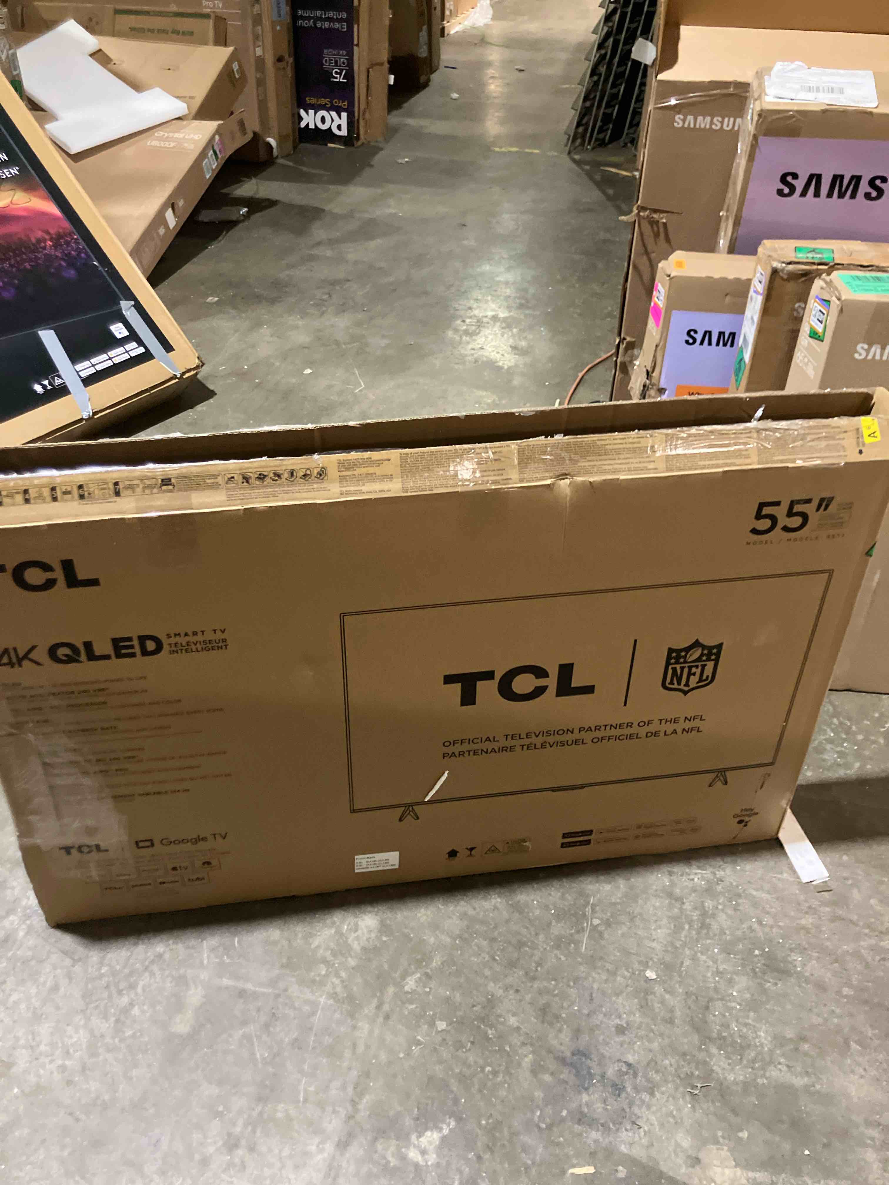 Condition photo showing As Is for TCL 55 Inch Class T7 Series | 4K QLED HDR | 55T7, 2025 Model | 120HZ Refresh Rate High Brightness Smart Google TV Dolby Atmos Audio | Voice Remote Alexa Gaming Streaming Television (Scree broken)