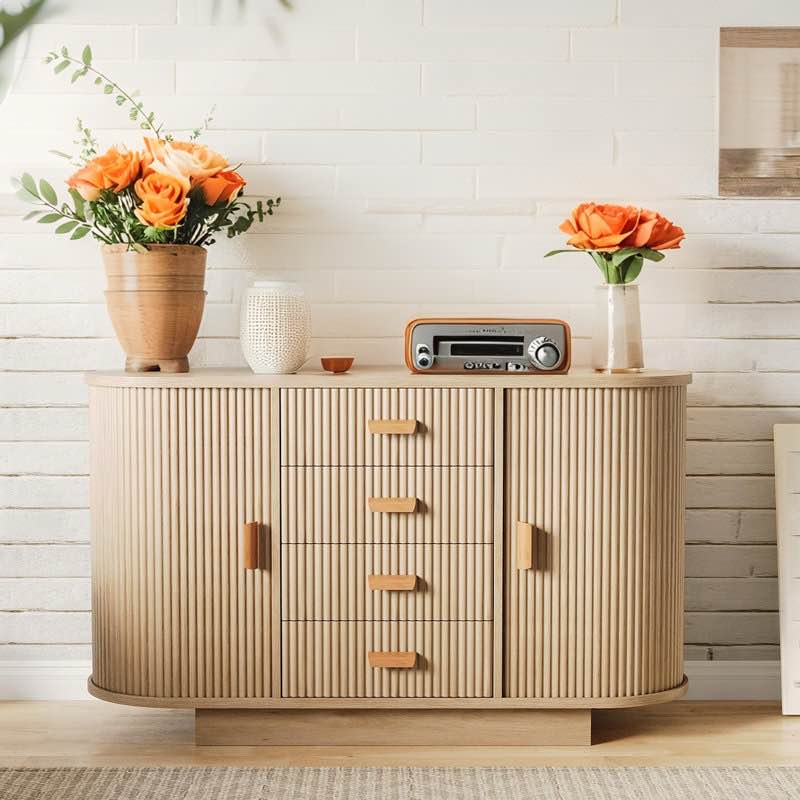 Modern Wave Pattern Sliding Door Sideboard, Density Particle Board Buffet Cabinet with Double Doors and 4 Drawers, Reinforced Base, Easy Assembly, Dining Room Storage