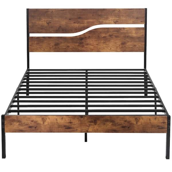 Queen Metal Platform Bed Frame with Wooden Headboard?Platform Bed