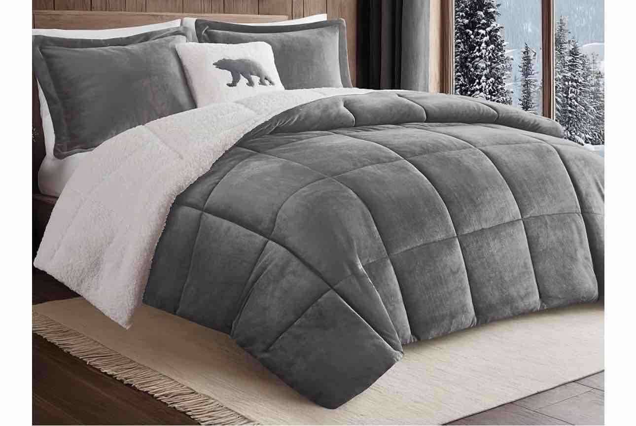 woolrich reversible comforter set ultra soft plush to sherpa, down alternative, cold weather winter warm bedding, with matching sham, decorative pillow charcoal/ivory full/queen 