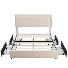 Queen Bed Frame with 4 Storage Drawers, Beige Upholstered Platform Bed with Headboard and Wooden Slats Support