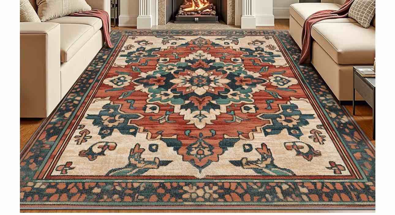 6x9 machine washable non-slip area rug & mat - soft faux wool & polyester, boho stain-resistant indoor carpet for bedroom, dining room, kitchen, living, nursery, low pile, high traffic