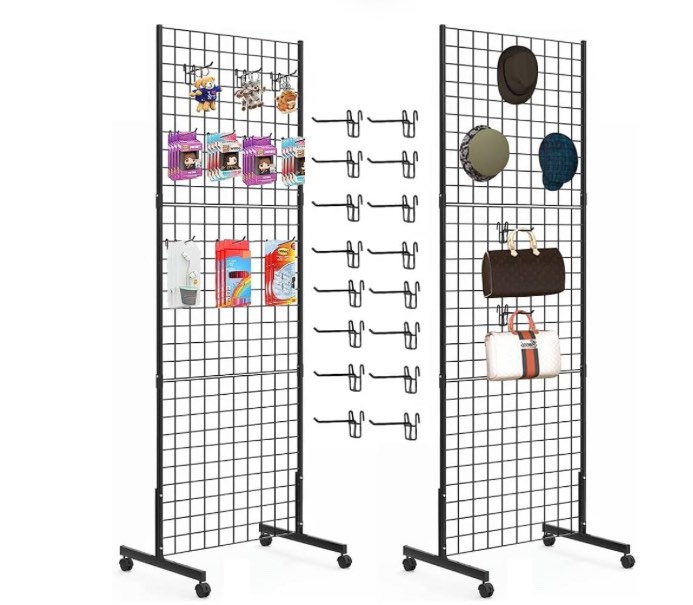 eastern tree 2 packs 2'x 5' six pieces gridwall panels stand with t-base, black wire grid wall display racks with wheels, craft show display rack, retail display, extra more 16 pieces hooks