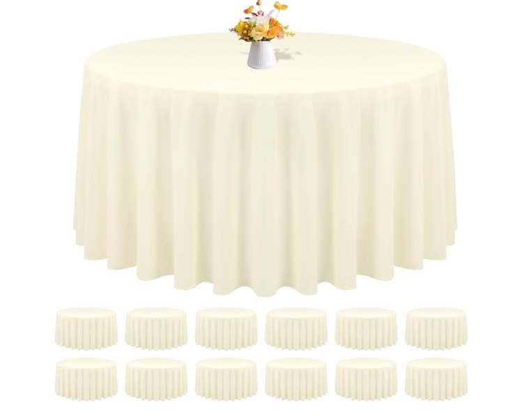 12 pack round tablecloths - 120 inch, beige polyester table cover for round table, stain and wrinkle resistant washable fabric, wedding banquet parties
