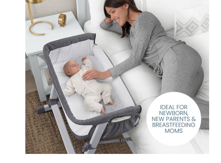 Delta Children Simmons Kids Dream Bedside Bassinet with Zip-Down Side Wall – Convenient Baby Sleeper with Breathable Mesh and Adjustable Heights - Lightweight Portable Crib, Grey