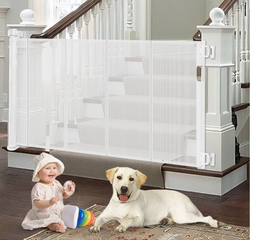 reinforced retractable baby gate for stairs with support rods, extends up to 55" wide, adjustable latches dog gate for stairway mesh pet gate banister to wall toddler safety gates (white)