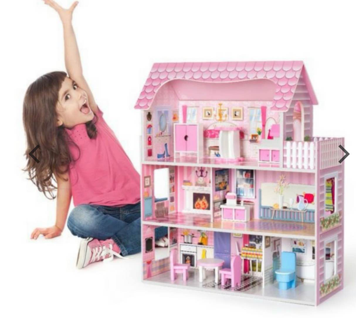 Wooden Dollhouse – With Furniture Doll House Playset For Kids Girls
