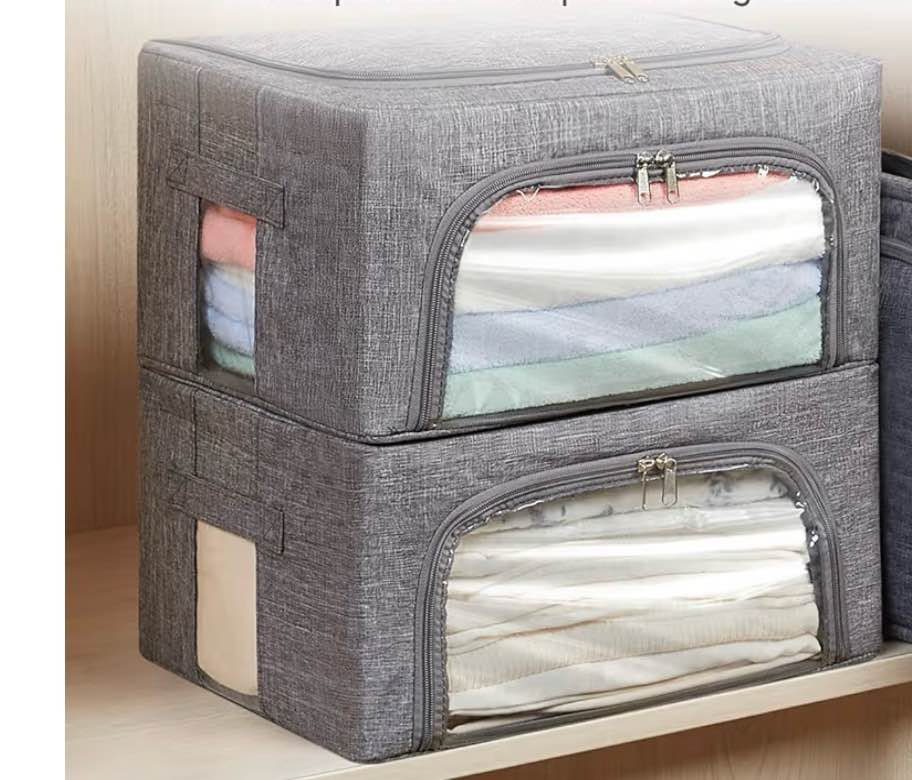 Lifewit Clothes Storage Bins with Metal Frame, Stackable Storage Box, Foldable Clothing Storage Bins with Lids, 25L Storage Bags Fabric Box Organizer with Clear Window? Zippers? Sturdy Handles ( Set of 2)