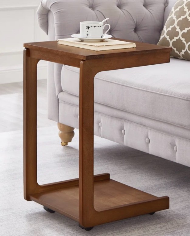 Adjustable Solid Wood C-Shaped End Table with Wheels
