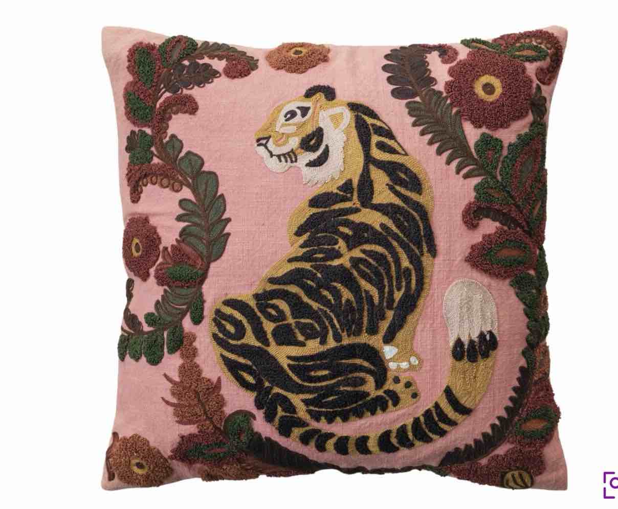 Embroidered Tiger and Flowers Cotton Slub Pillows ( Set of 2)