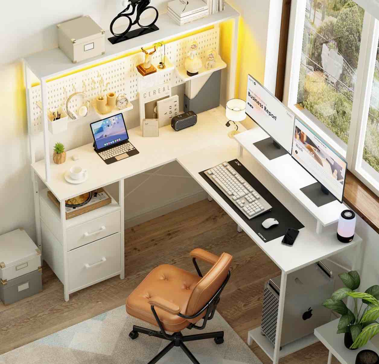 L-Shaped Computer Desk with Power Outlets and Pegboard Reversible LED Office Desk with Drawers and Storage Shelves