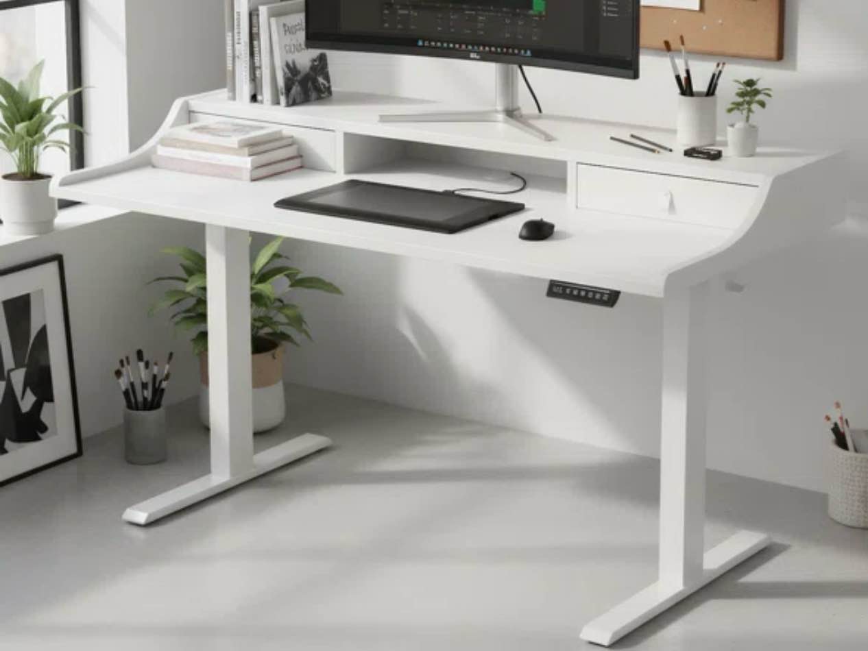 Montasir Computer Standing Desk with 2 Drawers for Home Office Electric Height Adjustable Gaming Desk with Storage Shelf