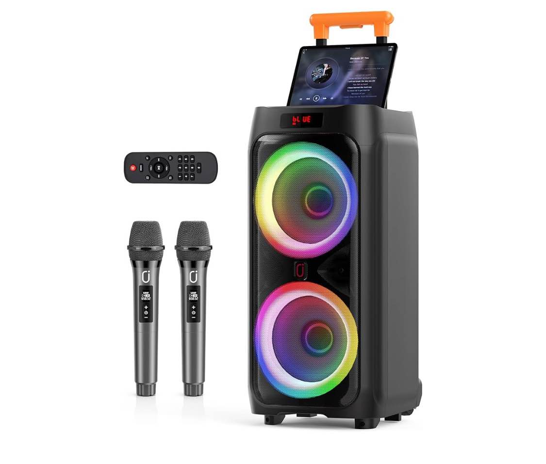 JYX Karaoke Machine with 2 Wireless Microphones, 24" Big Portable Bluetooth Speaker for Adults with Rolling Wheels, RGB Light PA System Treble & Bass, TWS/USB/AUX/TF Card/REC, for Home Party Outdoors
