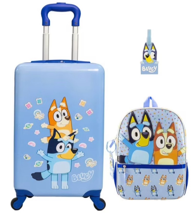 Bluey 3PC Luggage & Backpack Set With Luggage Tag ( Has some scratches do to shipping shown in pictures)