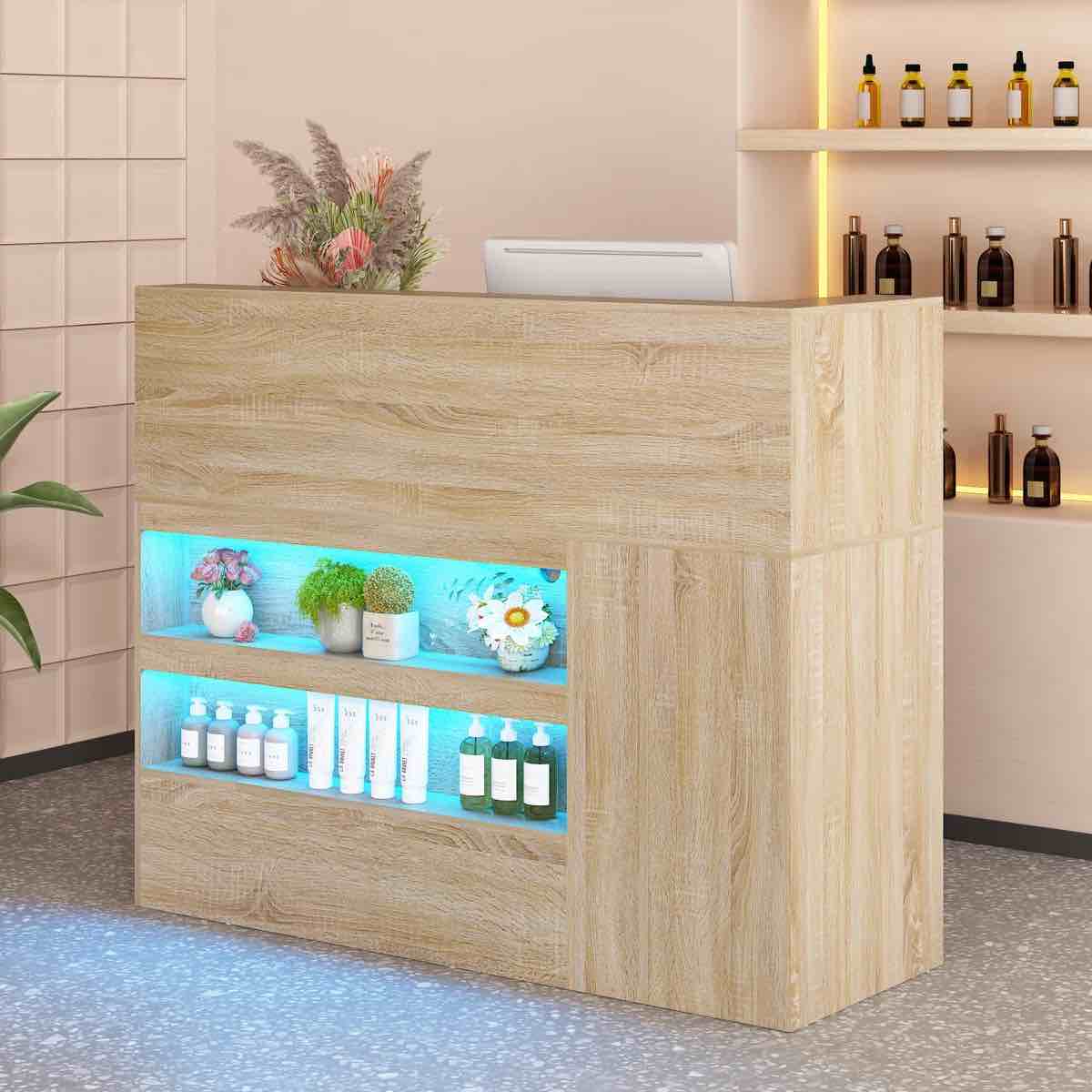 55'' W Reception Desk With LED Lights & Power Outlets, L-Shaped Modern Front Desk Reception Room Table With Cable Grommet, Cabinet And Lockable Drawers, Retail Checkout Counter For Lobby, Salon, Home Office Desk By Wrought Studio™