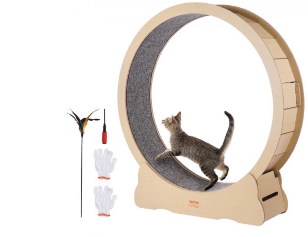 vevor wooden cat exercise wheel, 52" large cat treadmill wheel for indoor cats, cat running wheel with detachable carpet & cat teaser for running/walking/training, suitable for most cats
