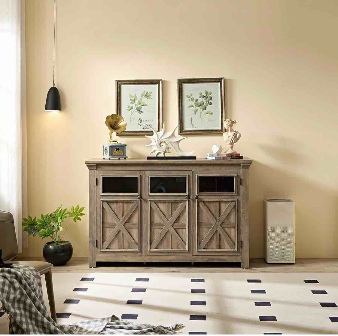 Farmhouse Buffet Cabinet with Storage with 3 Doors, Kitchen Storage Cabinet, Coffee Bar Cabinet with Adjustable Shelf for Kitchen, Living Room, L53''*W15.35*H35, Gray Wash