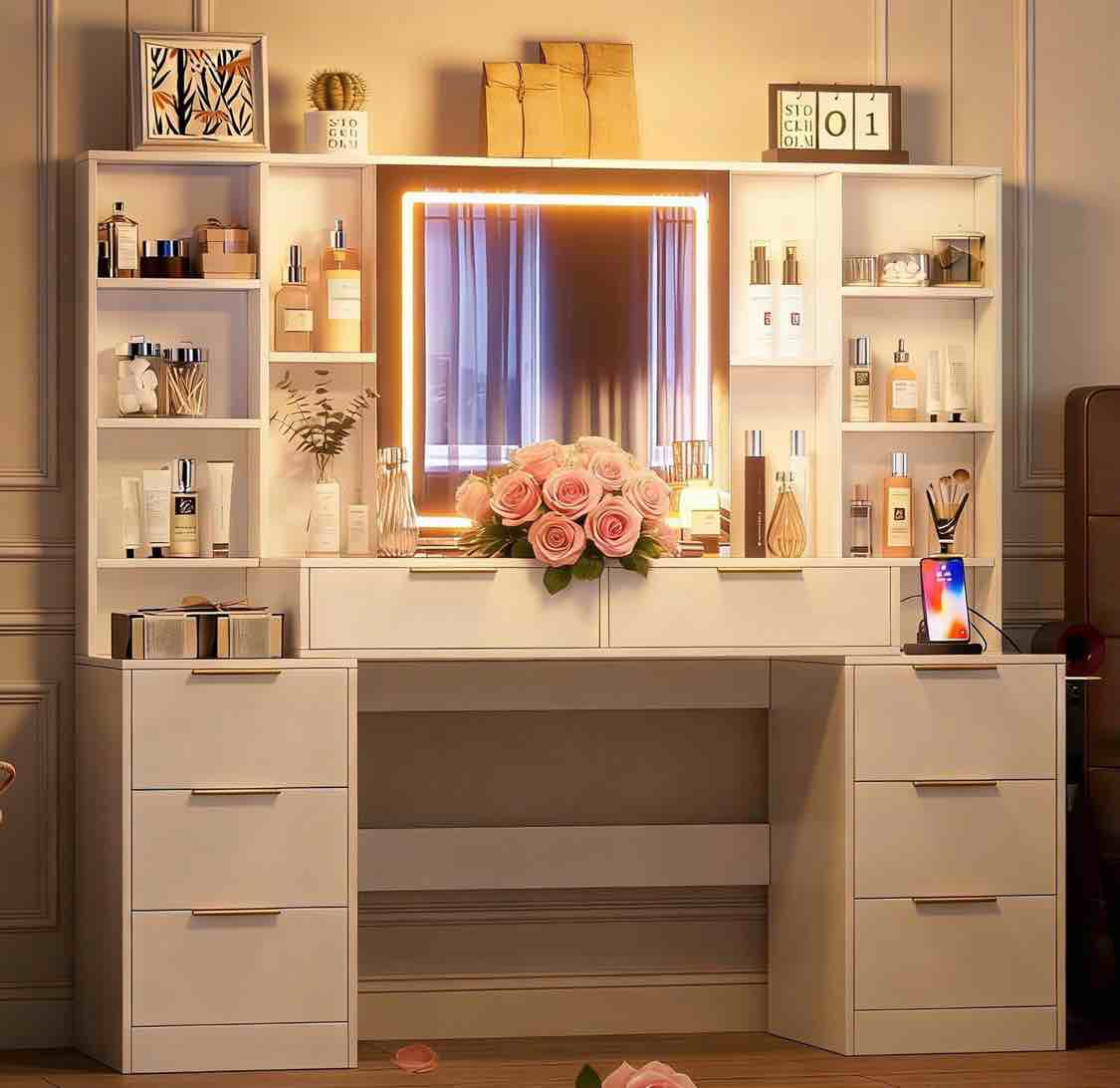 59" Vanity Desk with Mirror and Lights, Makeup Vanity with 6 Drawers & Open Storage Shelves, 3-Color Adjustable Lighting, Valentine's Day, Dressing Table for Bedroom, Women and Girl( similar in stock black)