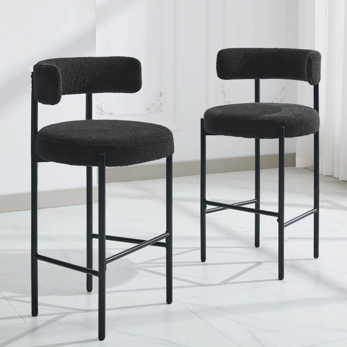28" Boucle Upholstered Metal Counter Stool Set Of 2