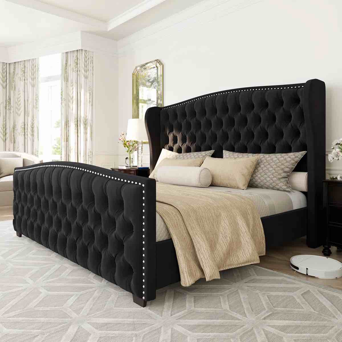 DuJuan Deep Button Tufted Upholstered Bed with Nailhead Trim Wingback Headboard