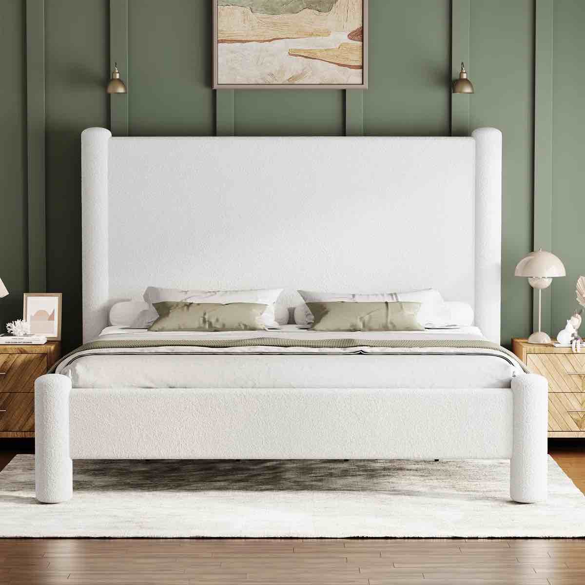 Minimalist Style Platform Bed Frame with Upholstered Headboard and Footboard Boucle Velvet Bed