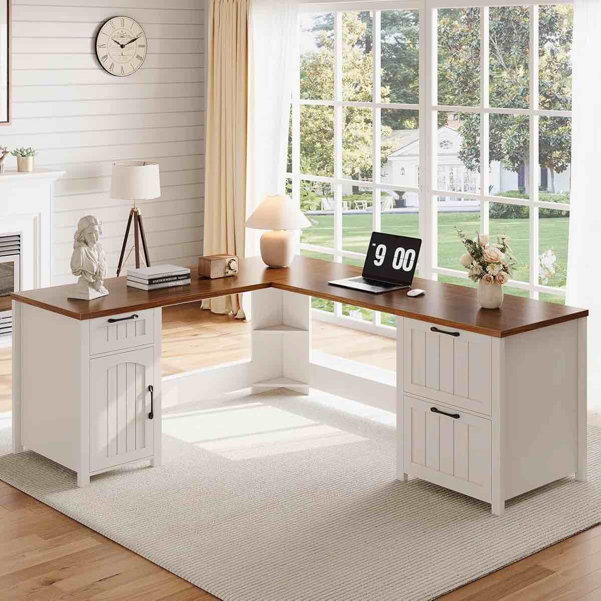 L Shaped Desk With 3 Drawers, Farmhouse L Shaped Executive Desk, Wood Computer Desk With Storage Cabinet, Home Office Desk With File Drawer, Wood Desk For Work Study Writing