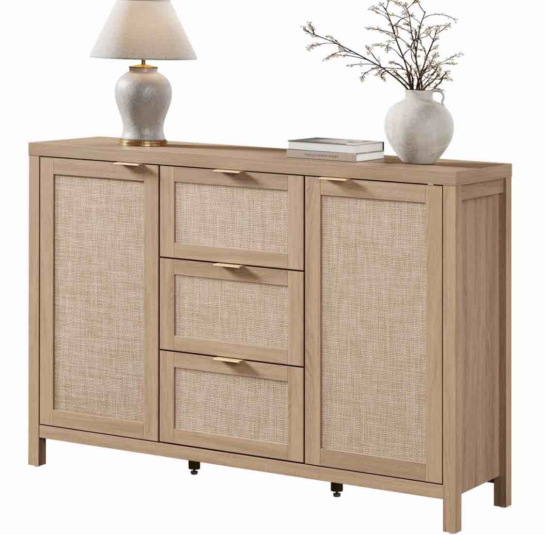 51.57'' W 3-Drawer And 2-Door Rattan Sideboard With Adjustable Shelves