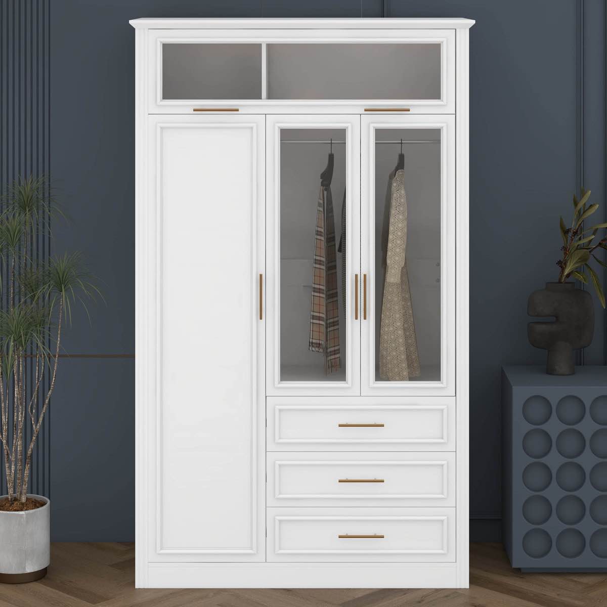3-Door LED Wardrobe Armoire With 3 Drawers And Dual Hanging Space, Modern Storage Closet With Built-In Lighting, Glass/Wood Doors