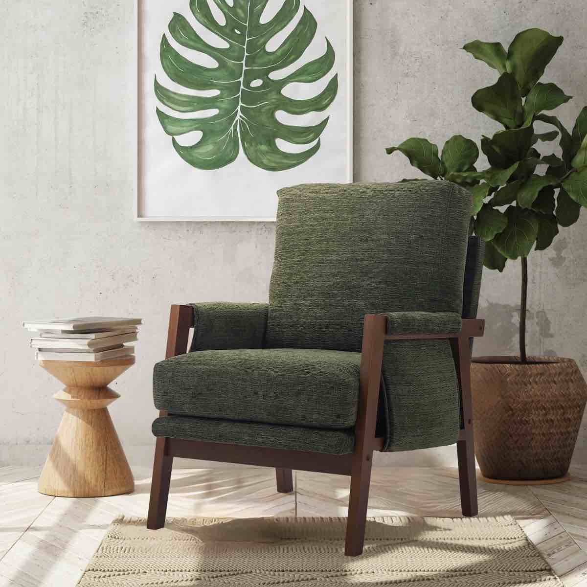 High Back Mid-Century Modern Accent Armchair with Solid Wood Frame and Plush Cushions for Living Room