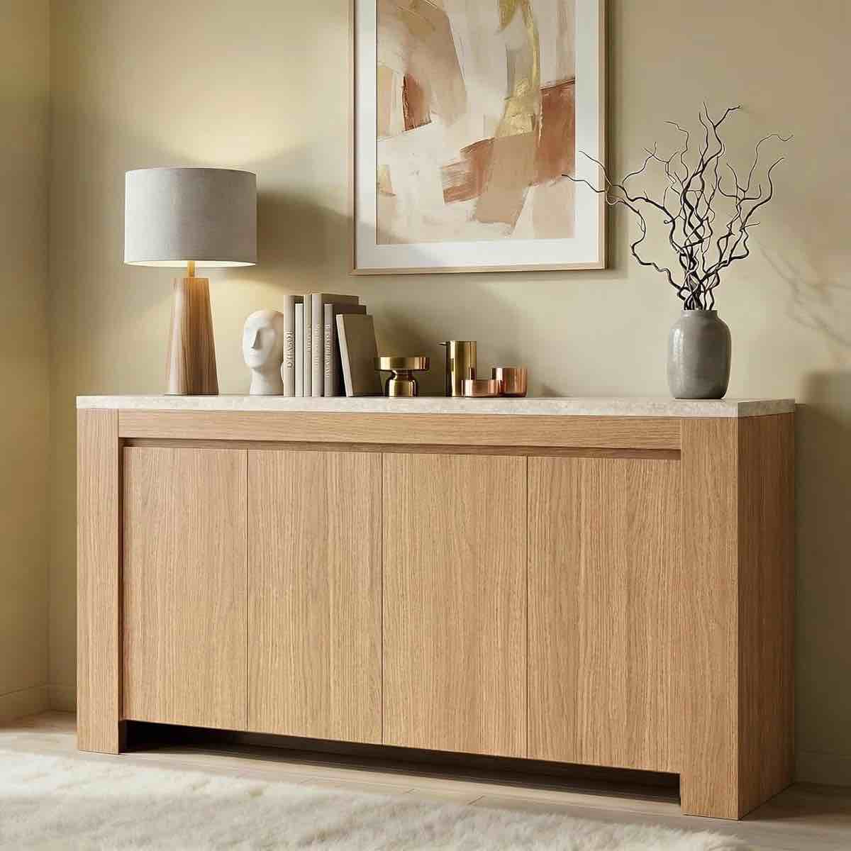 Sideboard Buffet Cabinet With 4 Doors & 5 Storage Spaces, 63" Coffee Bar Cabinet With Faux Marble Top, Modern Kitchen Storage Cabinet For Living Room Dining Room, Natural Oak, BOX A ONLY*