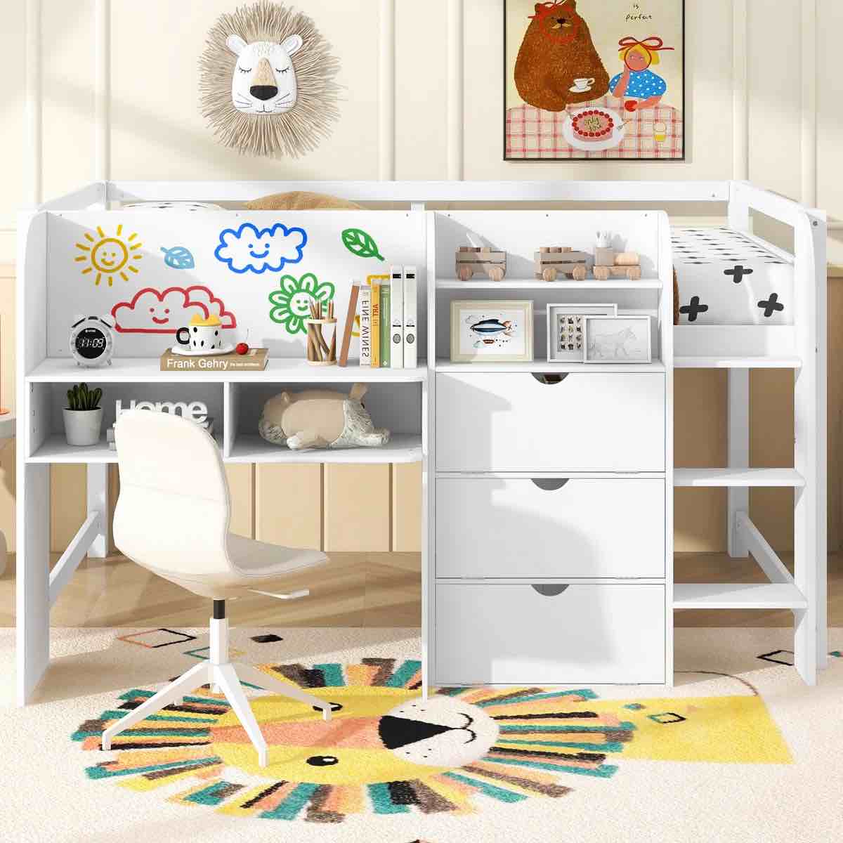 Full Low Loft Bed With Desk, Storage & Doodle Whiteboard