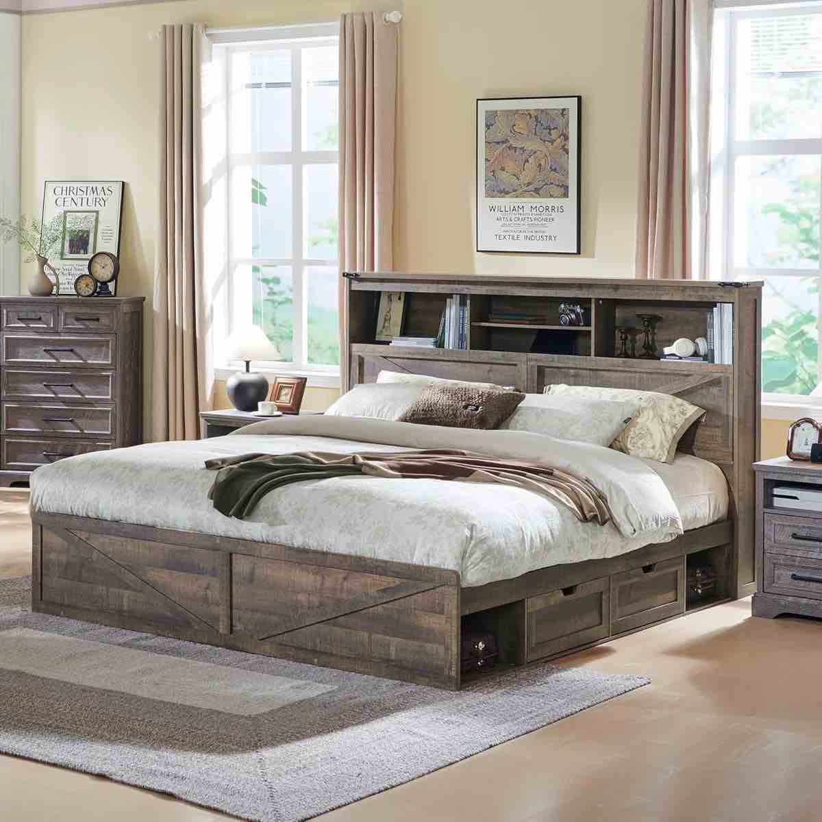 Farmhouse Queen Platform Bed with Storage and Headboard, Wood Platform Bed Frame with Charging Station and Drawers, No Box Spring Needed