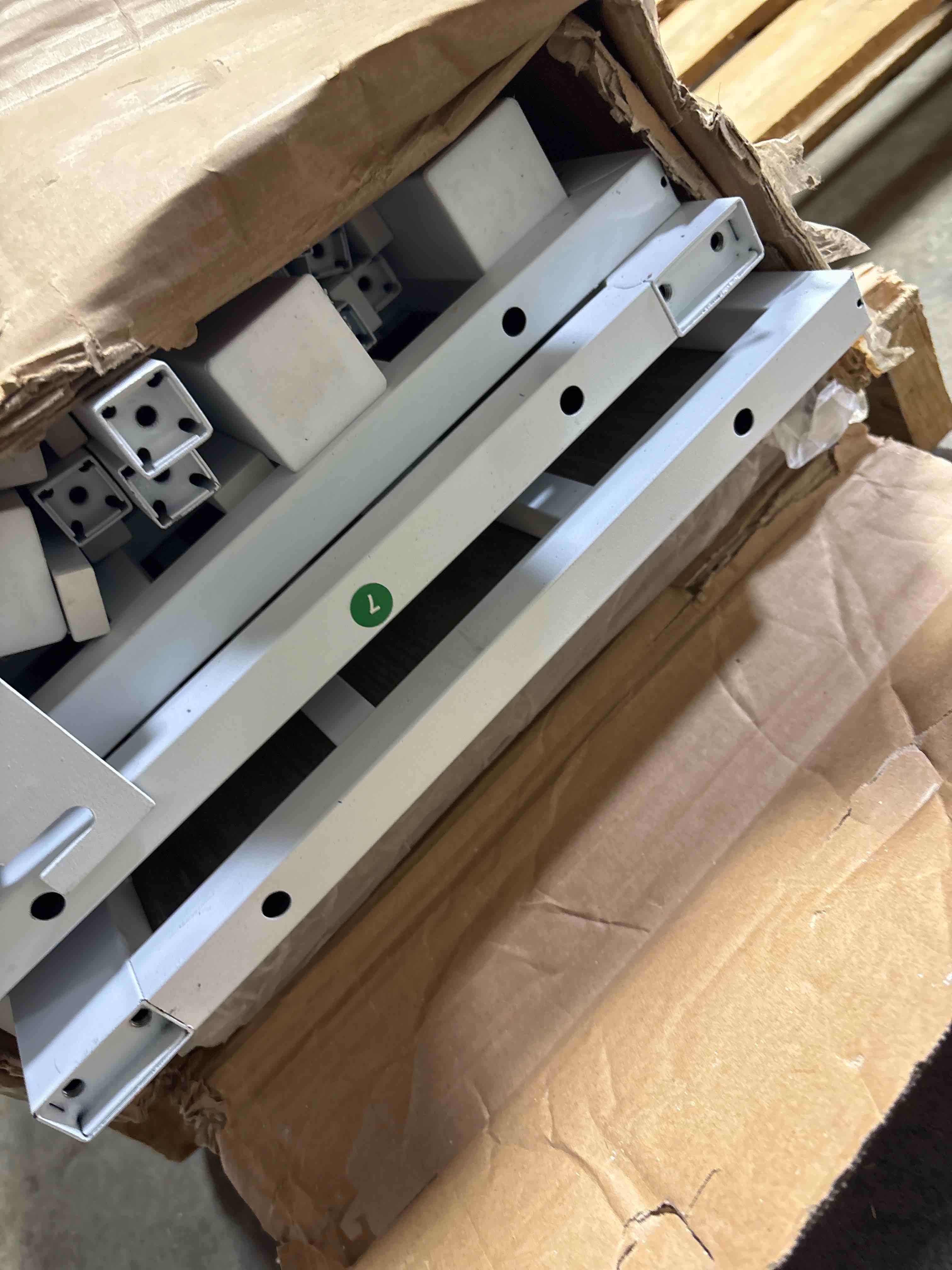 Condition photo showing Good Condition for Full Size Loft Bed with 7 Storage Drawers, Large 2-Cube Bookshelf, L Desk & Charging Station, Metal Loft Bed with LED Lights & Open Shelf, Bed with Safety Guardrail & Ladders, Oak Grey | 4 in 1 full loft bed, BOX A ONLY*