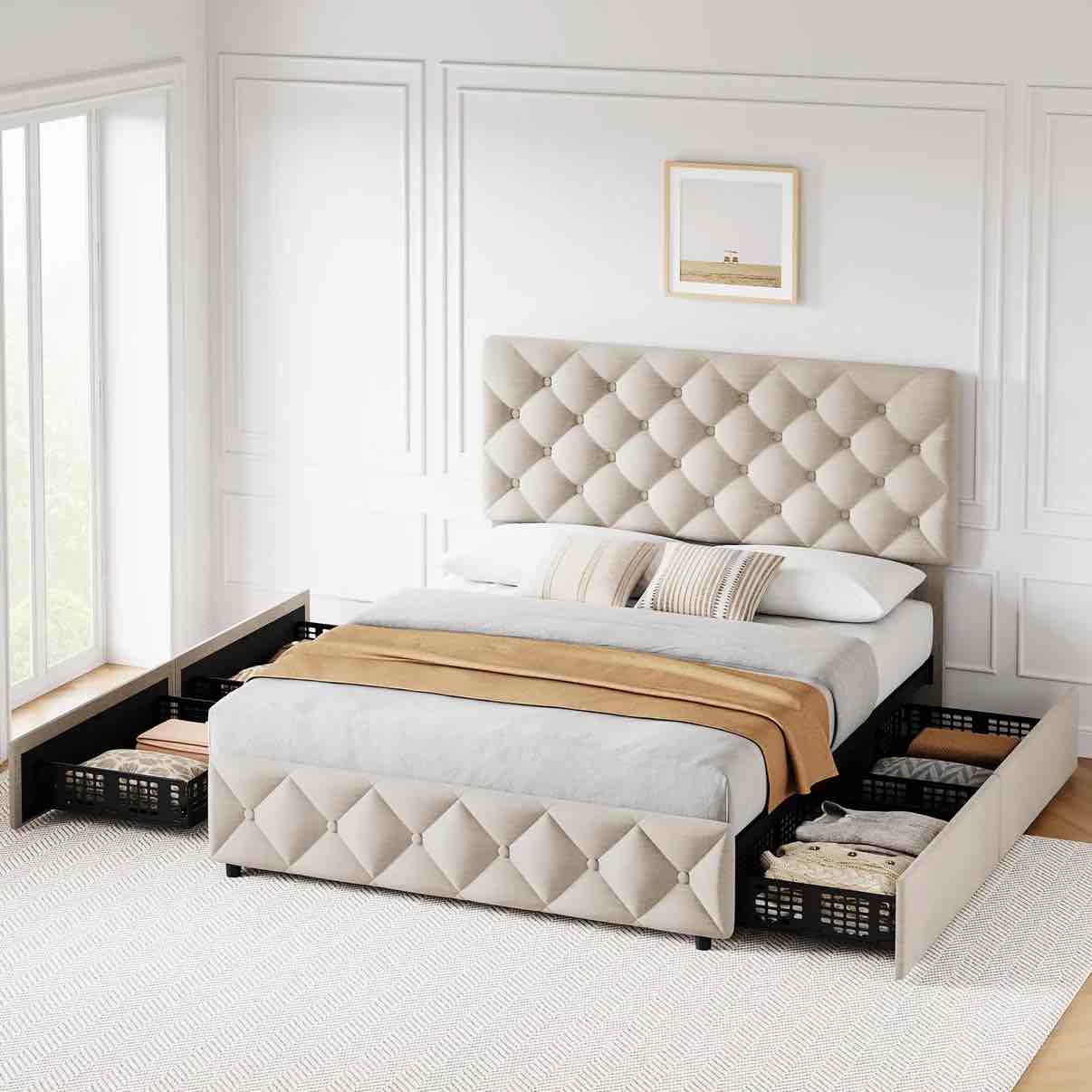 Condition photo showing New/Like New for Garvee Queen Size Bed Frame with 4 Storage Drawers and Adjustable Headboard, Linen Upholstered Platform Bed Frame with Adjustable Headboard, Diamond Stitched Button Tufted, No Box Spring Needed - Off White