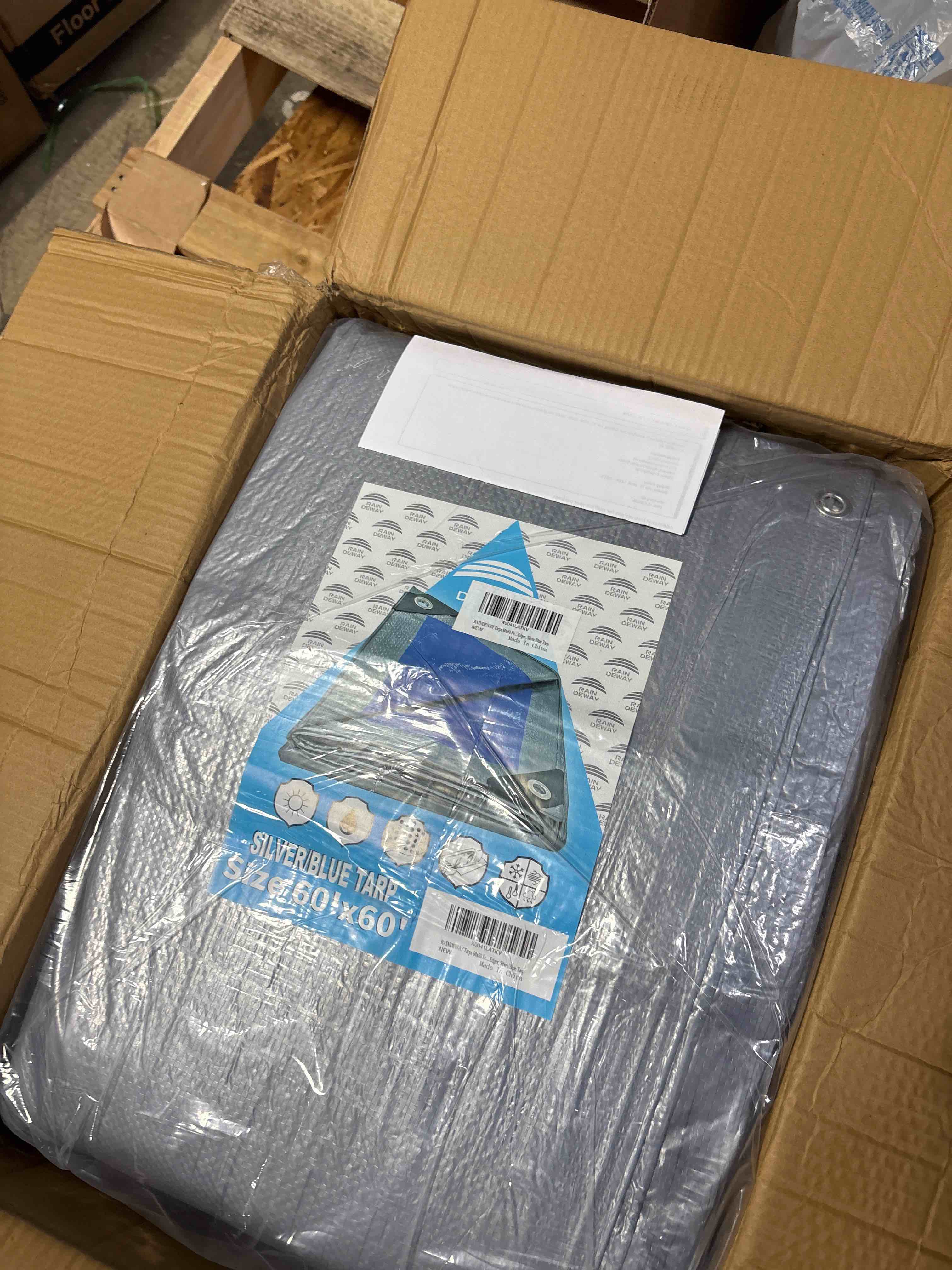 Condition photo showing New/Like New for RAINDEWAY Tarps 60x60 Feet, 5.5 Mil - Multipurpose Waterproof Poly Tarp Cover with Metal Grommets and Reinforced Edges, Silver/Blue Tarp