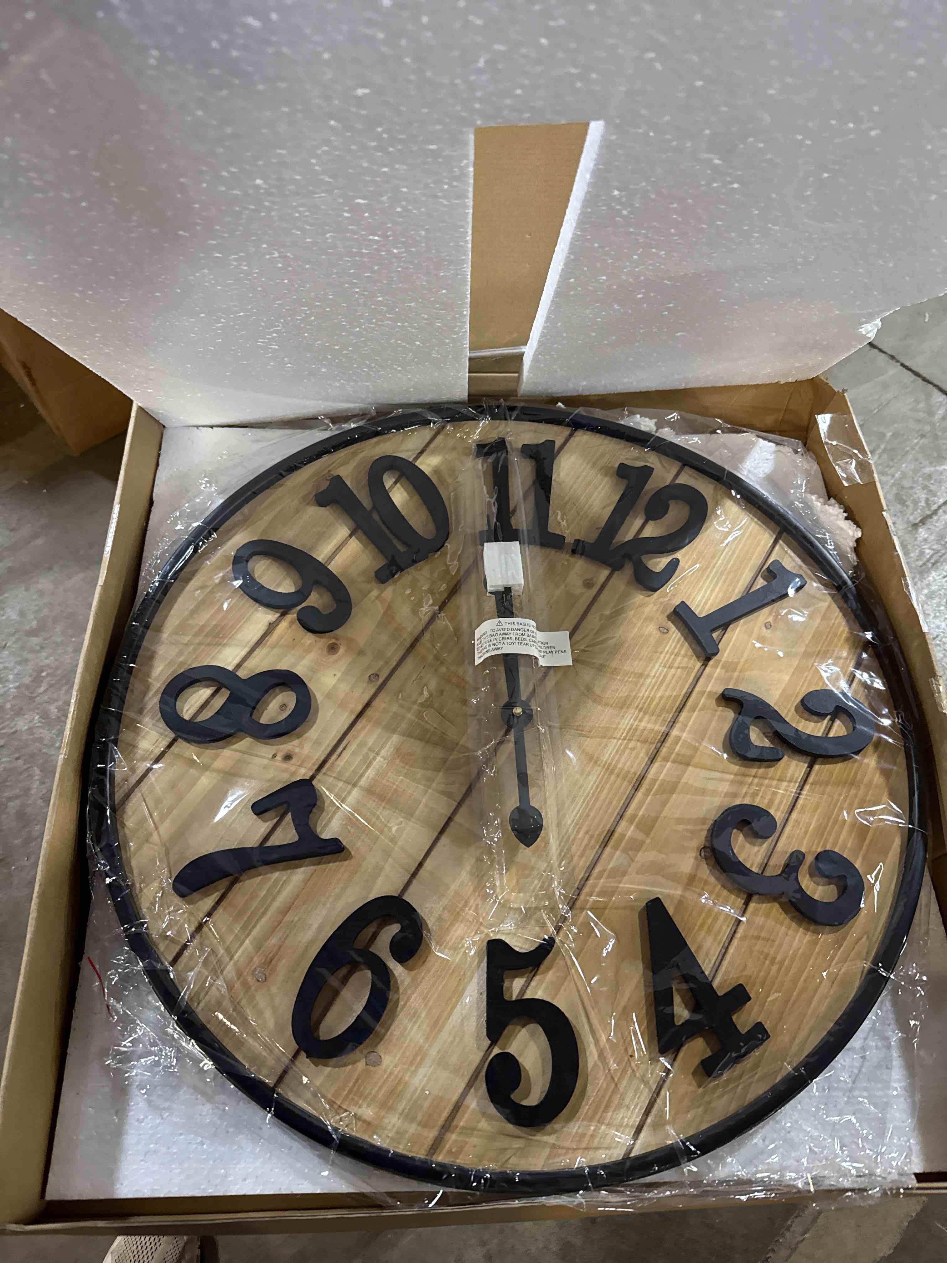 Condition photo showing New/Like New for Large Wall Clock 24IN, Silent Metal Wood Style Wall Clocks Battery Operated for Living Room Decor, Farmhouse Big Wall Clock, Outdoor Wood-arabic 24IN