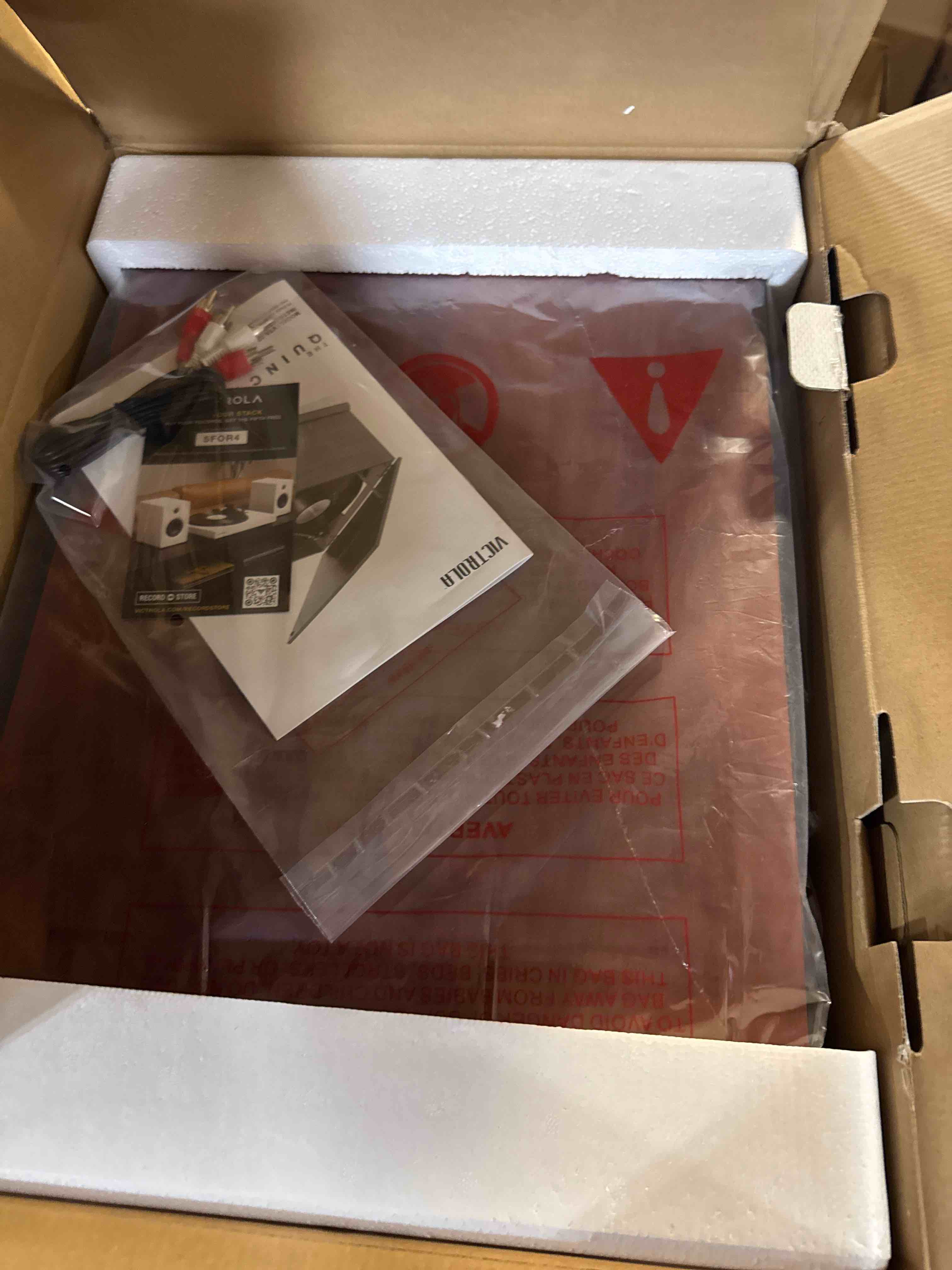 Condition photo showing New/Like New for Victrola The Quincy 6-in-1 Bluetooth Record Player & Multimedia Center with Built-in Speakers – 3-Speed Turntable, CD & Cassette Player, AM/FM Radio, Wireless Music Streaming (Mahogony) Mahogany Record Player