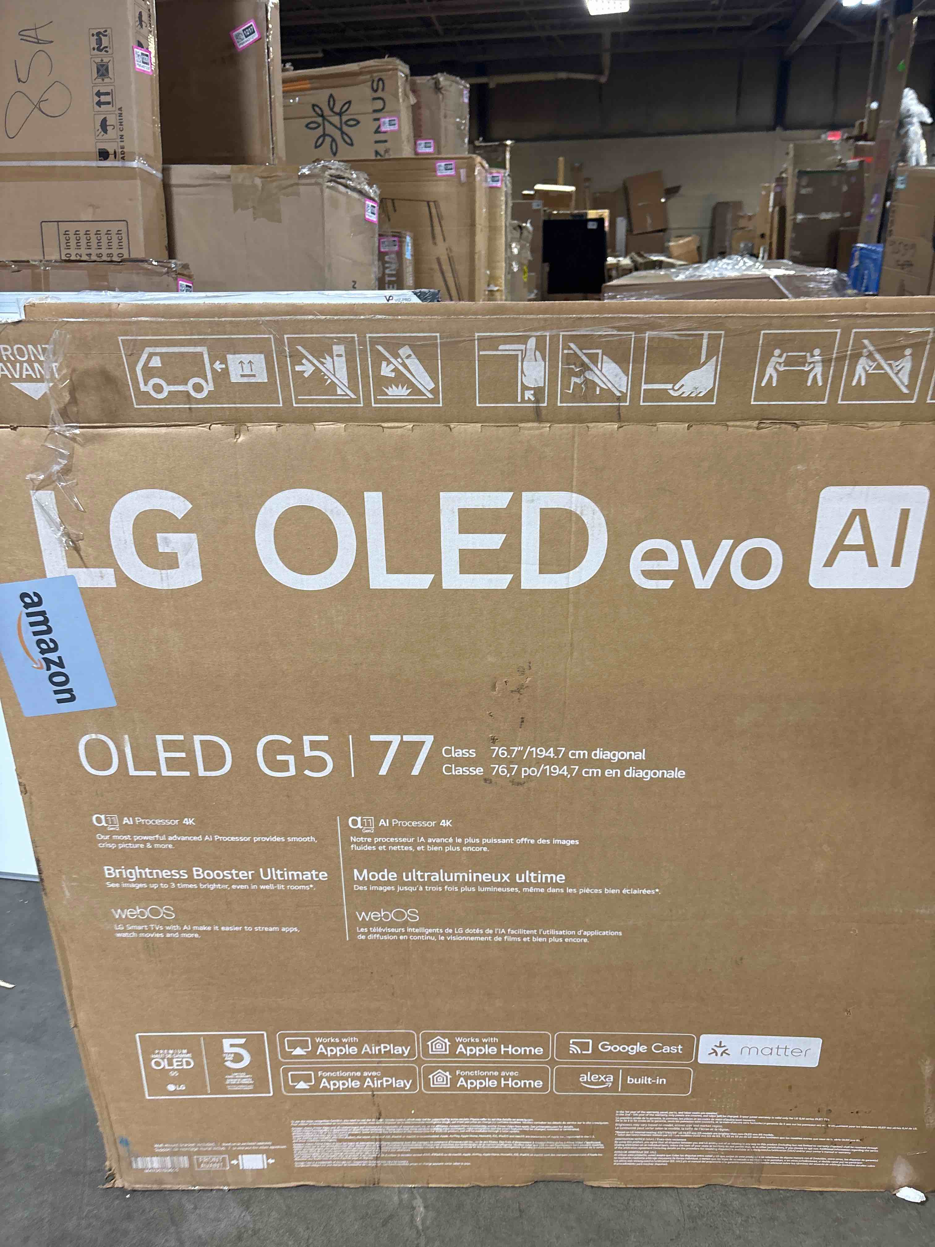 Condition photo showing As Is for LG 77-Inch Class OLED evo AI Super Upscaling 4K G5 Series Smart TV w/Dolby Atmos, Vision, HDR10, Filmmaker Mode, Wow Orchestra, Alexa Built-in (OLED77G5WUA, 2025)
