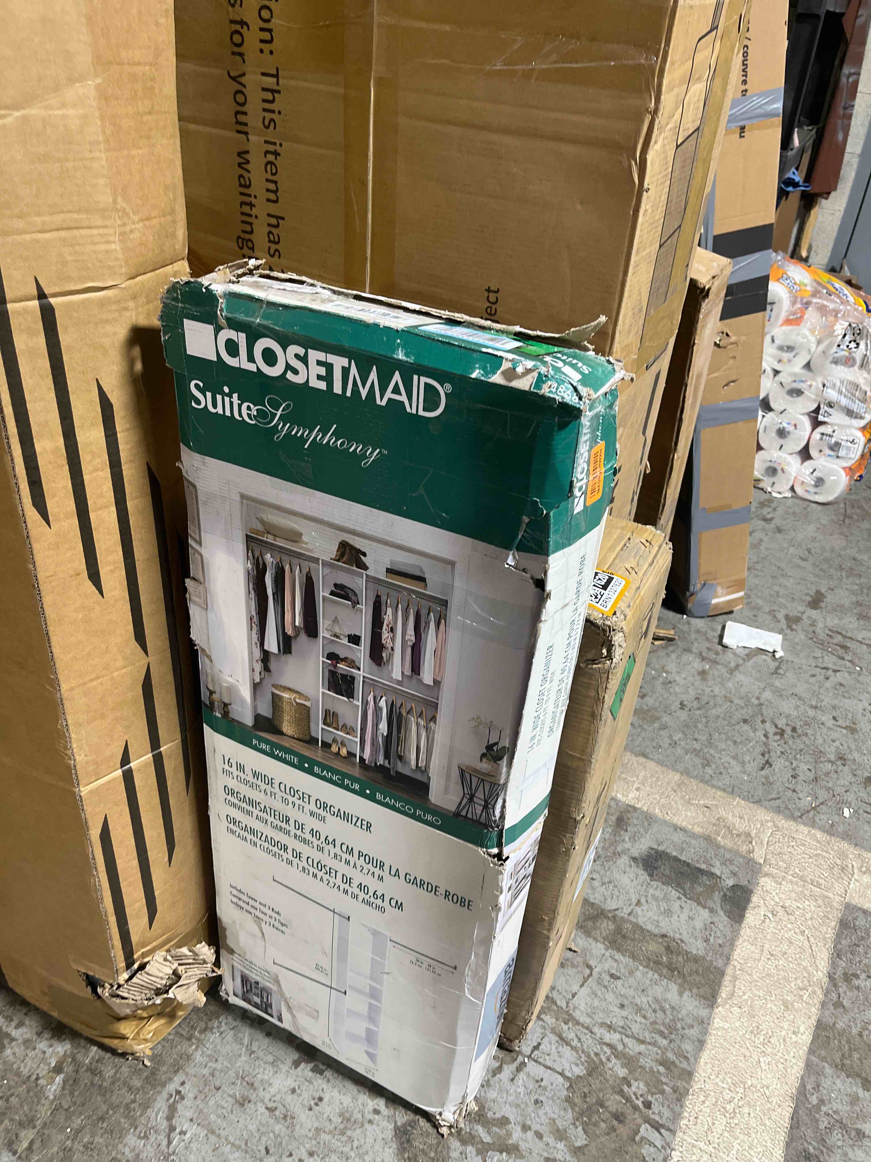 Condition photo showing Good Condition for ClosetMaid SuiteSymphony Wood Closet Organizer Starter Kit with Tower and 3 Hang Rods, Shelves, Adjustable, Fits Spaces 4 – 9 ft. Wide, Engineered Wood, Pure White, 16" Pure White Starter Tower Kit