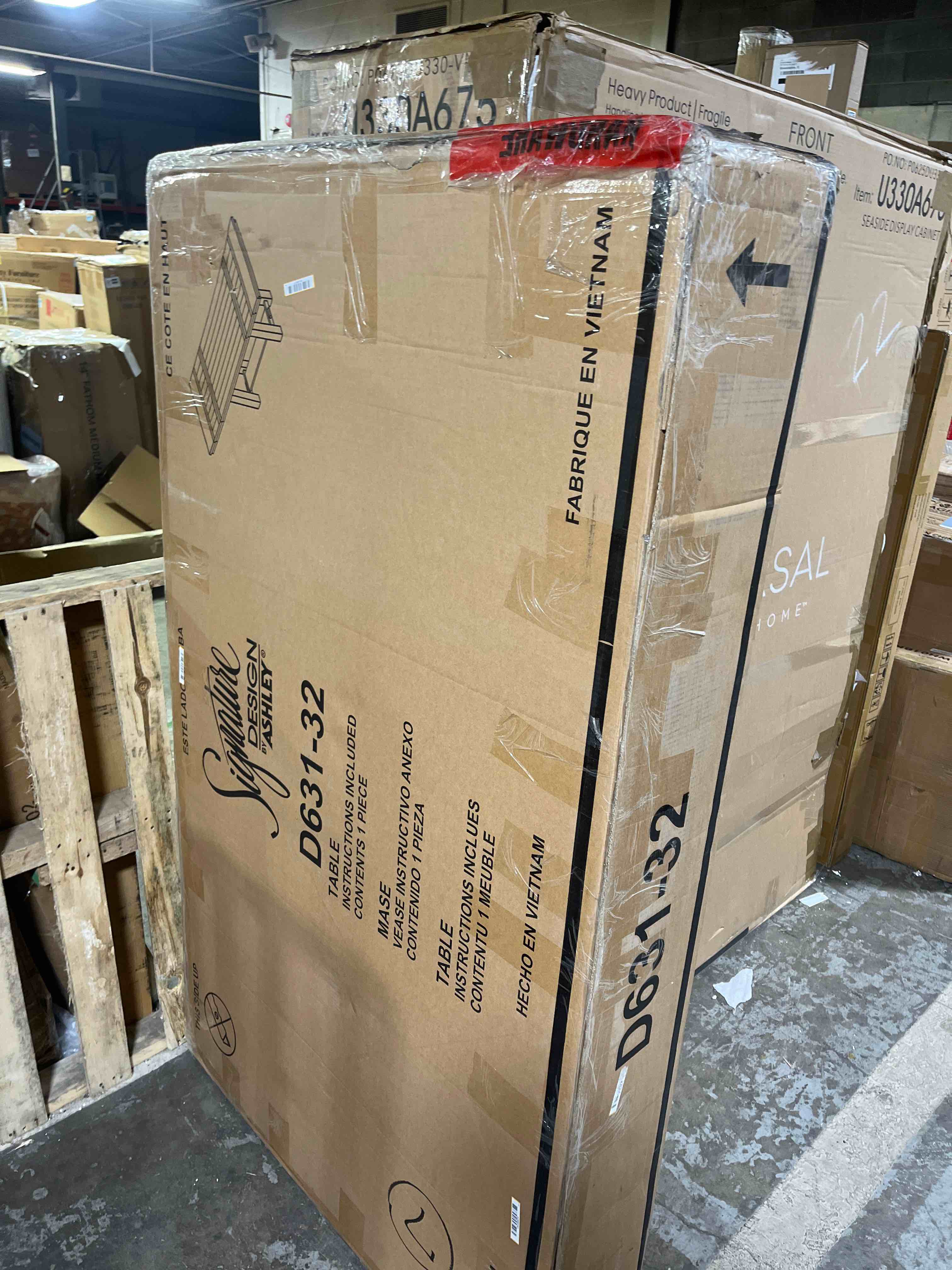 Condition photo showing New/Like New for Signature Design by Ashley Moriville Rustic Farmhouse Counter Height Dining Extension Table, Separate Extension Leaves, Seats 8, Wood, 36" W x 86" D x 36" H, Brown Brown Farmhouse