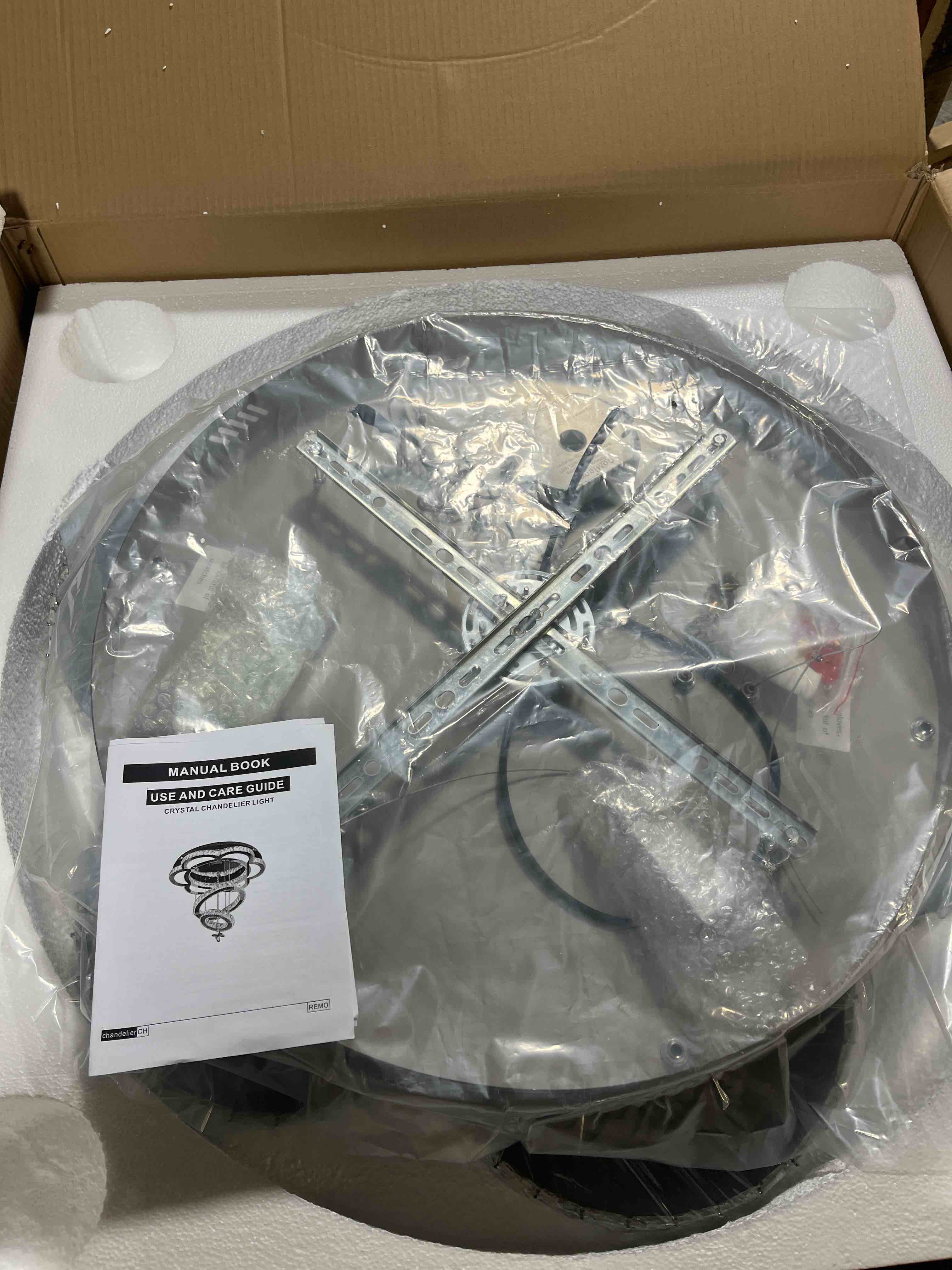 Condition photo showing New/Like New for Dia 32" Modern Crystal Chandeliers for Living Room Crystal Ceiling Light Fixture Flush Mount Chandelier for Dining Room Bedrooms Foyer Silver Pendant Lighting with Remote Control Dimmable 2700-6000K