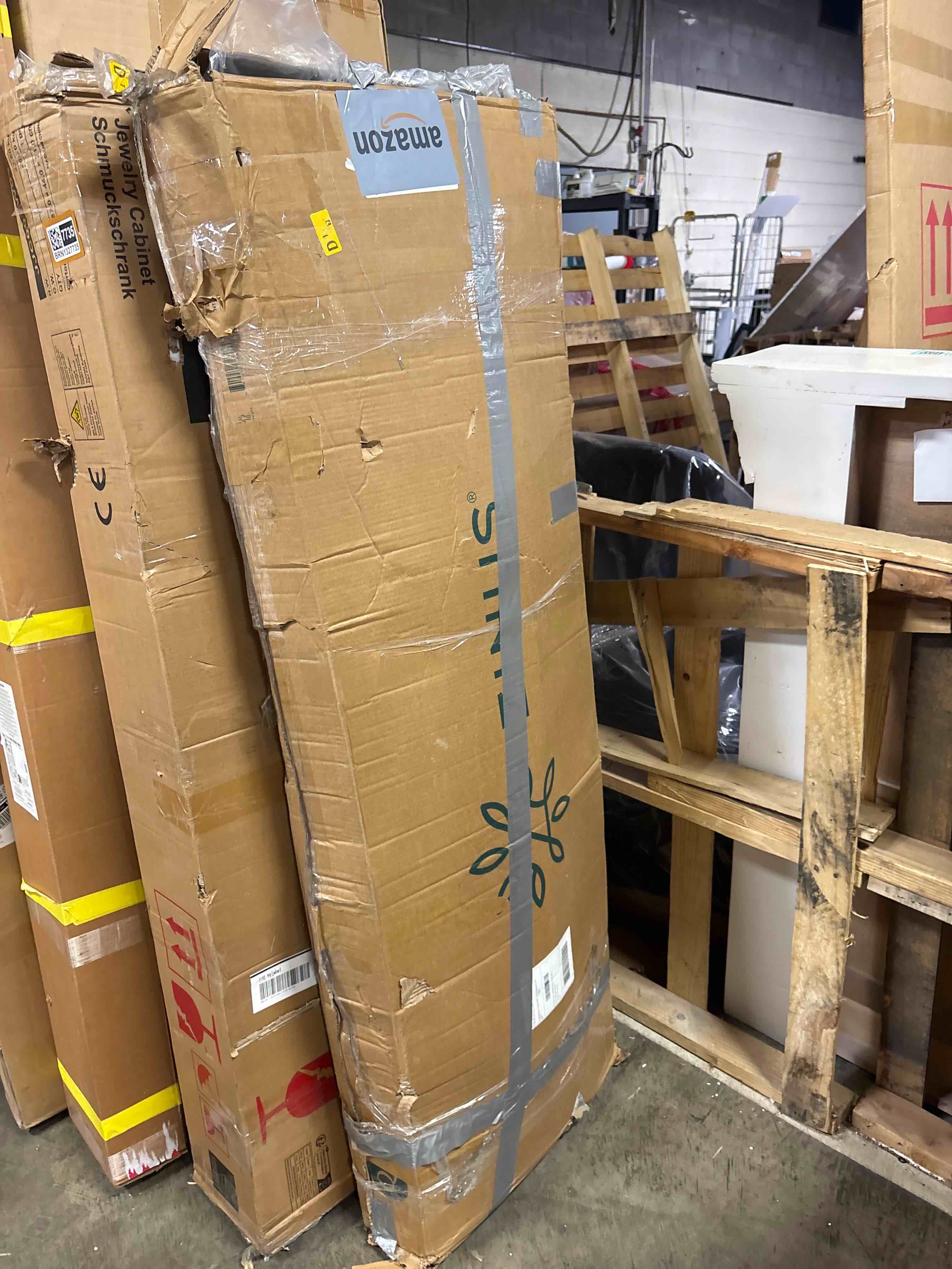 Condition photo showing As Is for Zinus Queen Piper Upholstered Platform Bed with Horizontal Paneled Headboard, Wooden Slat Support, No Box Spring Needed, Easy Assembly, Eco Friendly Packaging, Dark Grey