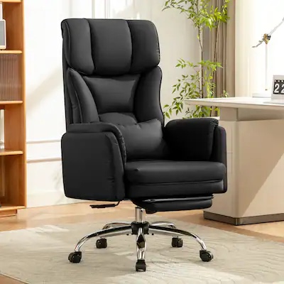 KERDOM - Ergonomic Big Office Leather Chair with Expandable Arms, Reclining Cross Legged Chair with Footrest Wide Seat for Gaming - Black 