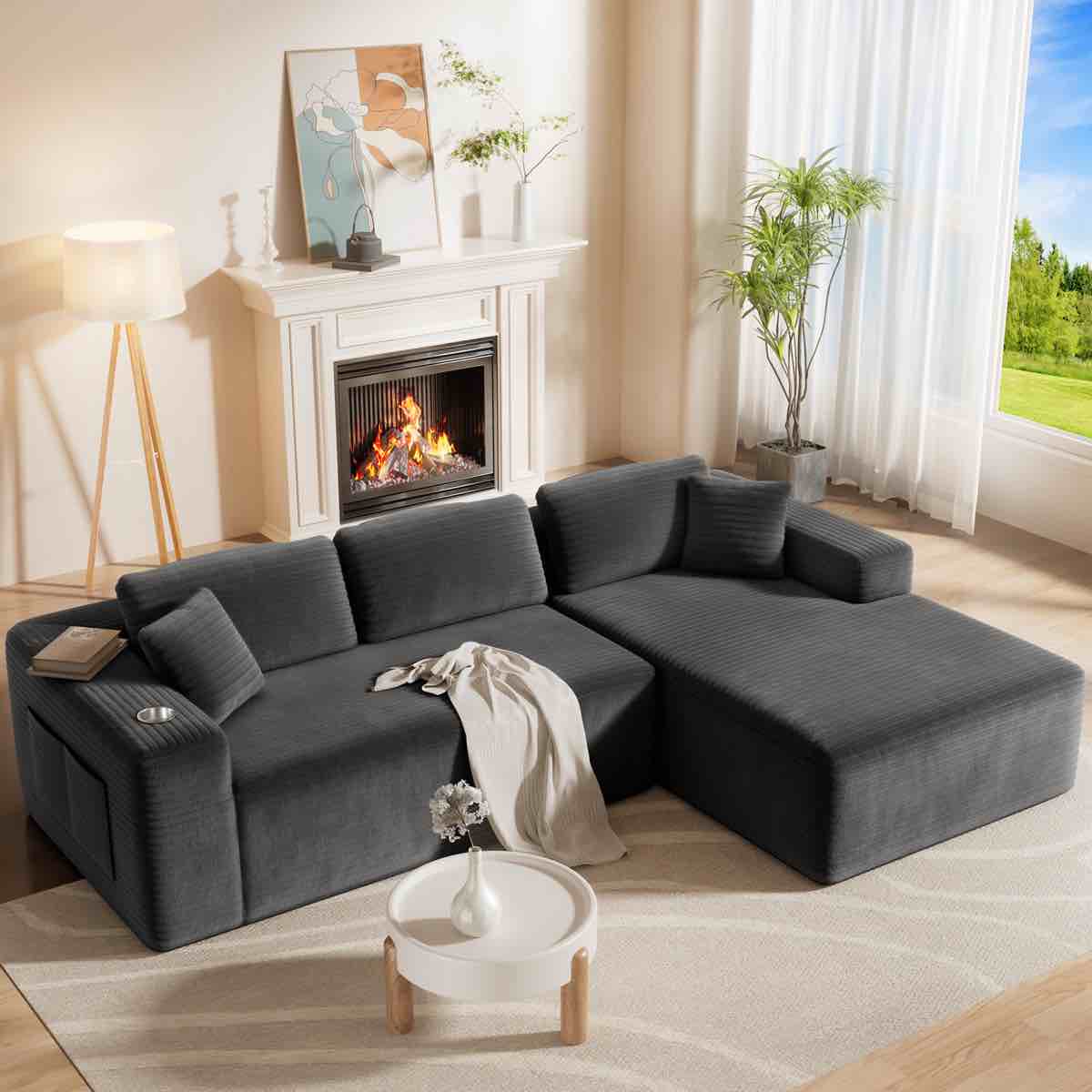 108" Cloud Modular Sectional Sofa With Chaise, Deep Seat Corduroy Boneless Couches With 4 Storage Pockets & Tray, Right Facing, Grey By Ivy Bronx