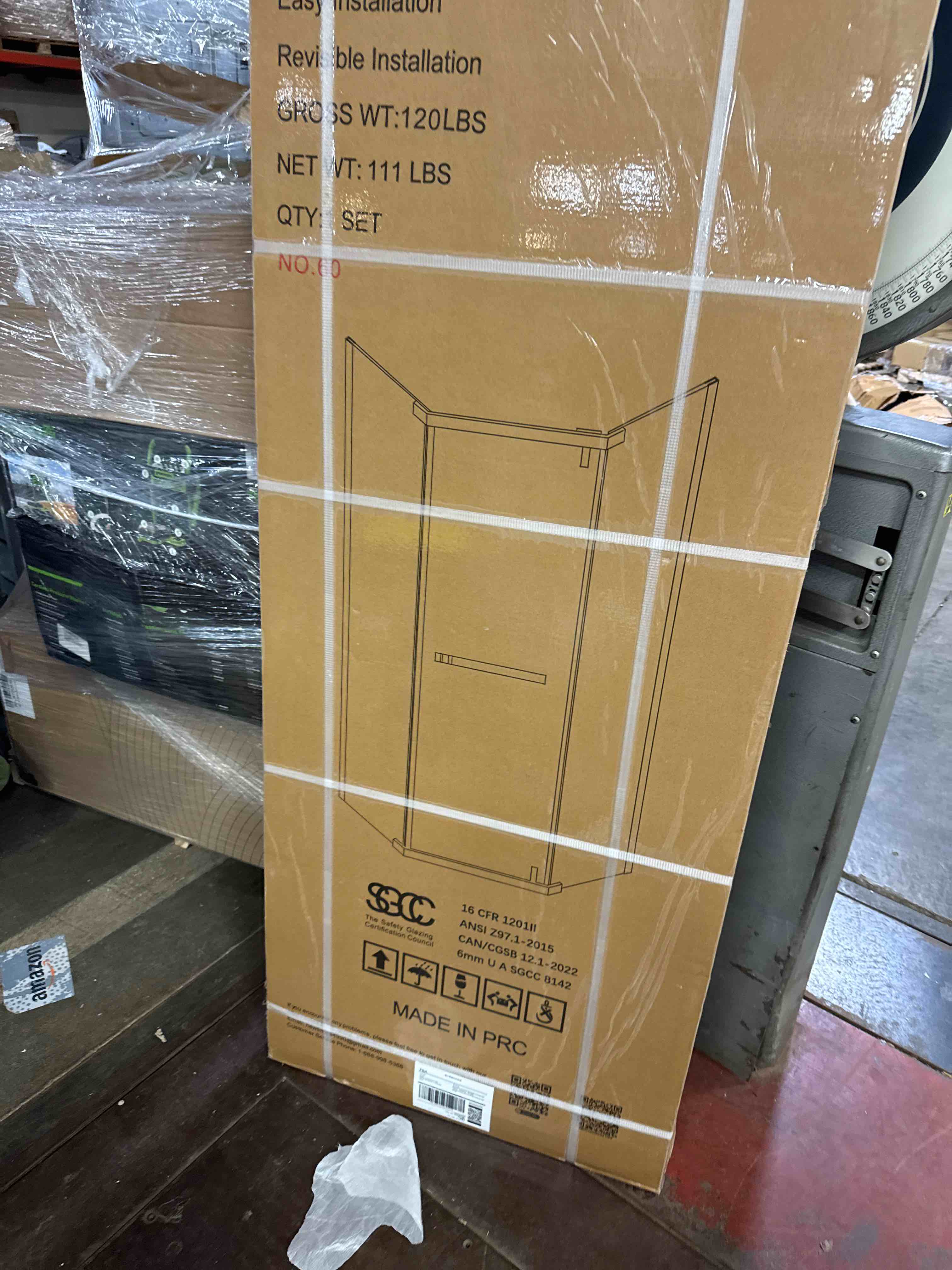 Condition photo showing New/Like New for 36" d x 36" w x 72" h neo-angle frameless shower door, 1/4” (6mm) sgcc tempered glass with explosion-proof film and nano coating, brushed nickel stainless steel frame